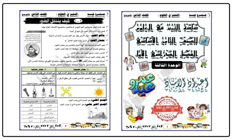 ملخص الوحدة الثالثة الضوء للصف الثامن علوم الفصل الأول
