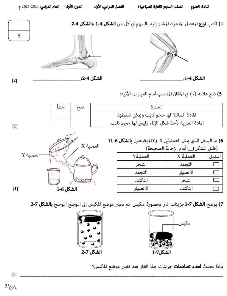 نموذج اختبار العلوم للصف السابع الفصل الأول