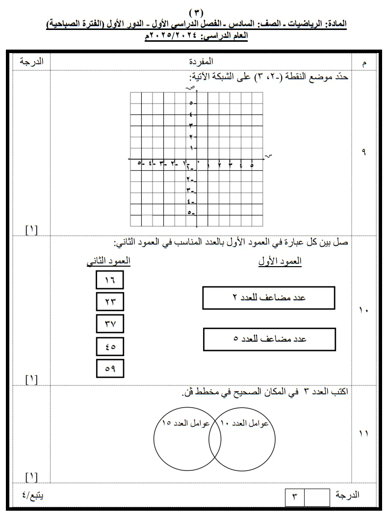 نموذج امتحان الرياضيات للصف السادس الفصل الأول