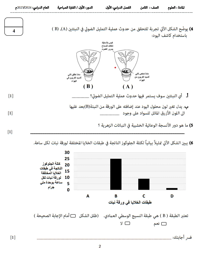 نموذج اختبار العلوم للصف الثامن الفصل الأول