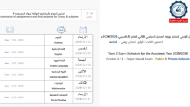 جدول اختبارات الصف الثالث الفصل الثاني 2026 الإمارات العربية
