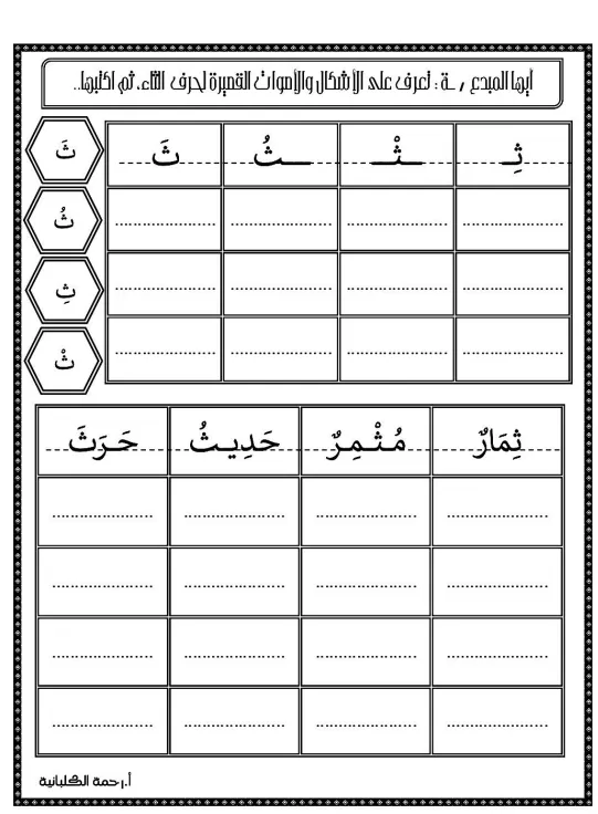 أوراق عمل حرف الثاء للصف الأول الفصل الثاني - إعداد أ. رحمة الكلبانية