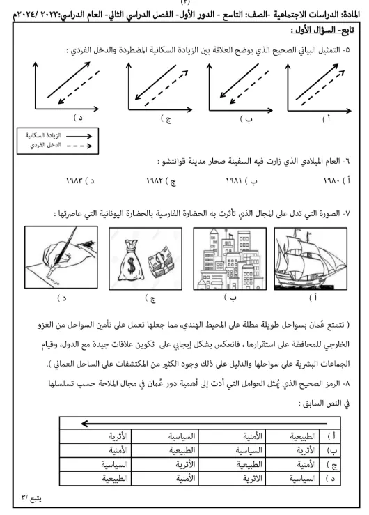 اختبار نهائي مادة الدراسات الاجتماعية للصف التاسع الفصل الثاني