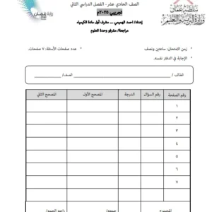الاختبار التجريبي مادة العلوم البيئية للصف الحادي عشر الفصل الثاني 2025م