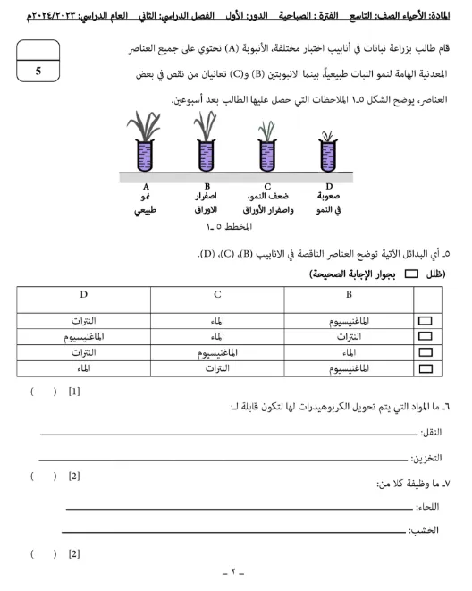 الاختبار النهائي لمادة الأحياء للصف التاسع الفصل الدراسي الثاني 2023-2024