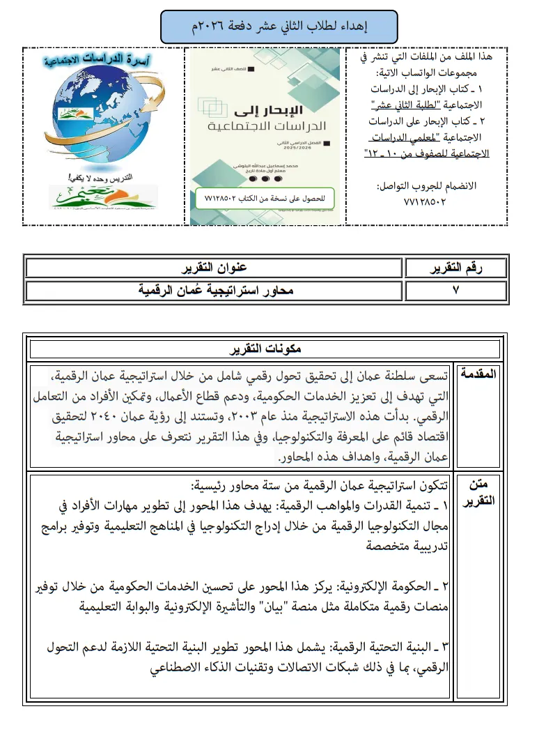 تقرير عن محاور استراتيجية عمان الرقمية - الدراسات الاجتماعية للصف الثاني عشر