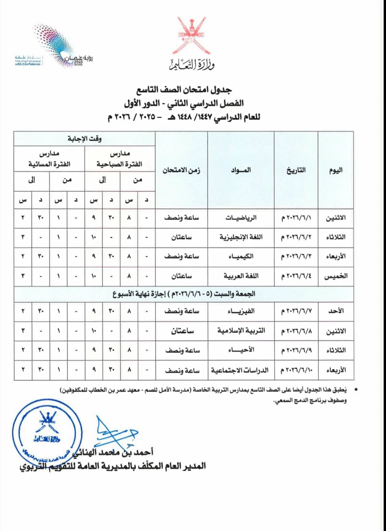 جدول اختبارات الصف التاسع الفصل الدراسي الثاني 2026 سلطنة عمان