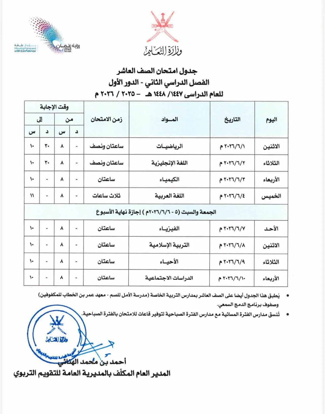جدول اختبارات الصف العاشر الفصل الدراسي الثاني 2026 سلطنة عمان