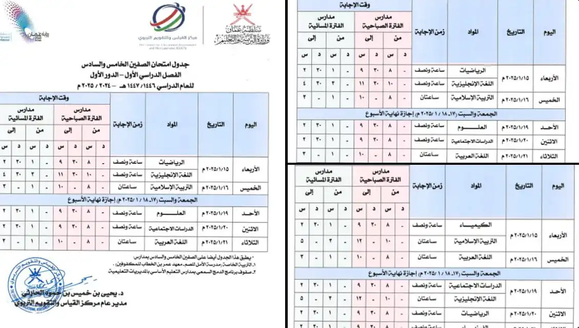 جدول الاختبارات النهائية سلطنة عمان 2026 الفصل الدراسي الثاني