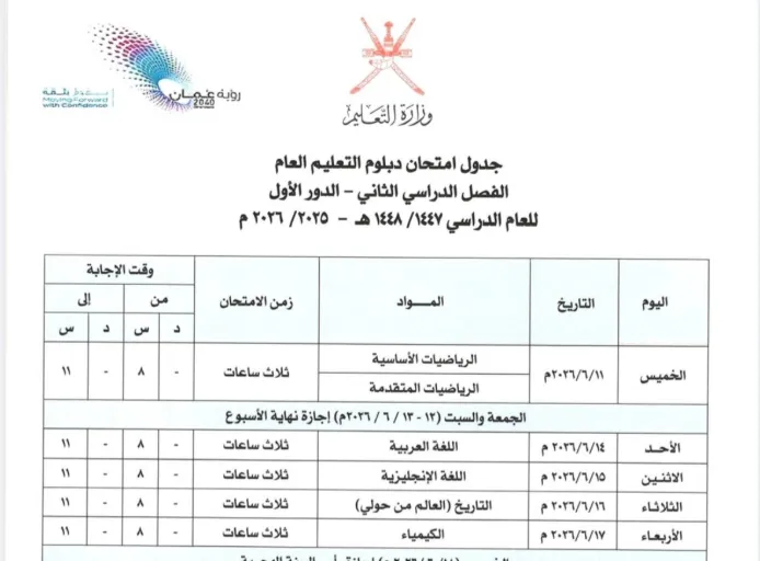 جدول امتحانات دبلوم التعليم العام الفصل الثاني 2025 - 2026م