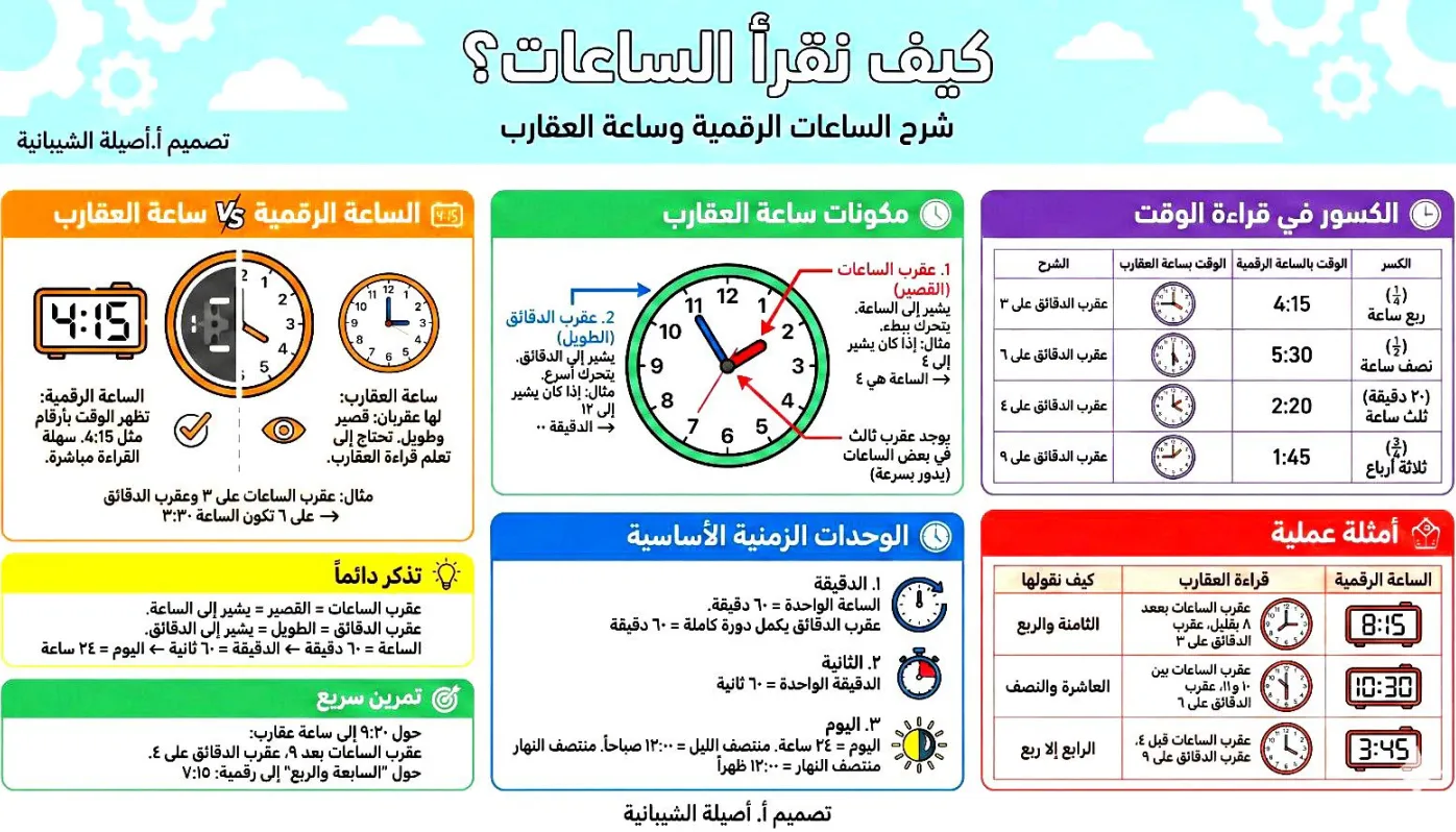 ملخص درس كيف نقرأ الساعات رياضيات للصف الثالث الفصل الثاني - إعداد أ. أصيلة الشيبانية ملخص درس كيف نقرأ الساعات رياضيات للصف الثالث الفصل الثاني - إعداد أ. أصيلة الشيبانية