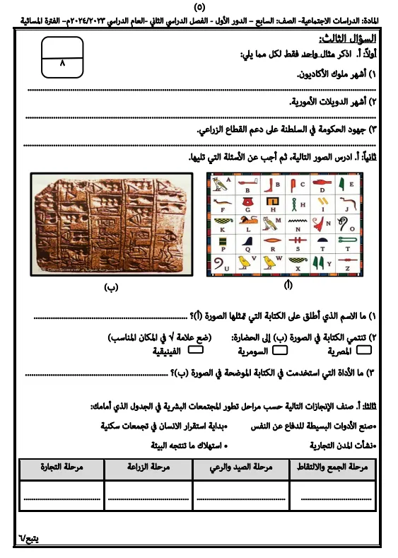 نماذج اختبارات نهائية الدراسات الاجتماعية للصف السابع الفصل الثاني - المنهج العماني