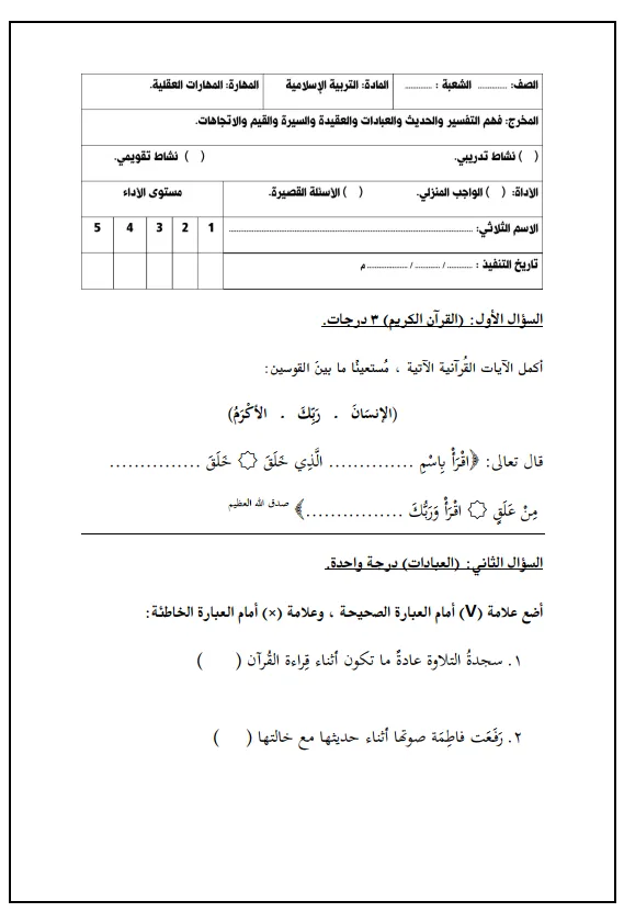 نموذج الاختبار القصير مادة التربية الإسلامية للصف الثالث الفصل الثاني - المناهج العمانية