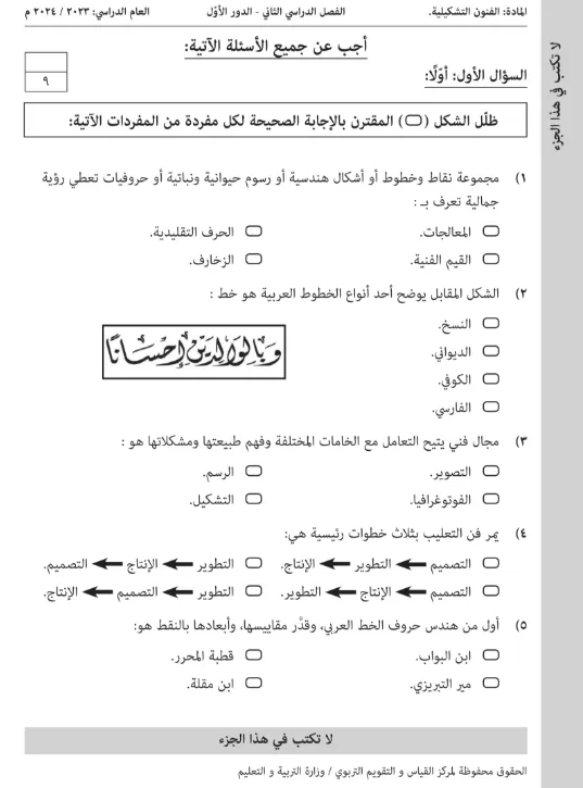 اختبار نهائي الفنون التشكيلية للصف الثاني عشر (دبلوم التعليم العام) الفصل الثاني