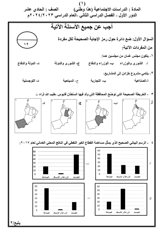 اختبار نهائي مادة الدراسات الاجتماعية للصف الحادي عشر الفصل الثاني - المنهج العماني