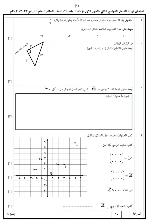 اختبار نهائي مادة الرياضيات للصف العاشر الفصل الثاني - المنهج العماني
