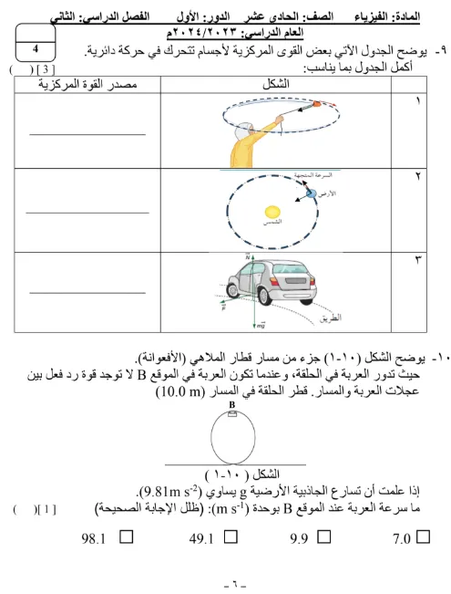 اختبار نهائي مادة الفيزياء للصف الحادي عشر الفصل الثاني - المنهج العماني