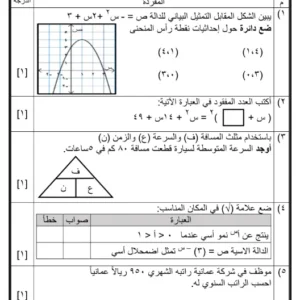 اختبار نهائي تجريبي مادة الرياضيات للصف التاسع الفصل الثاني 2025-2026
