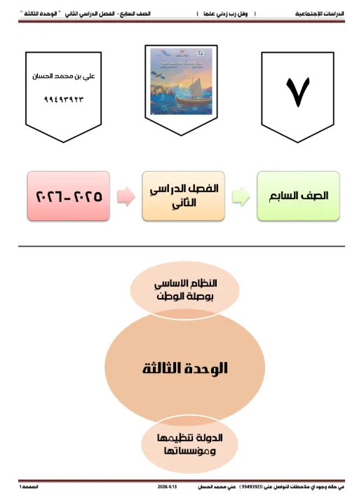 مذكرة إثرائية للوحدة الدراسات الاجتماعية الصف السابع الفصل الثاني