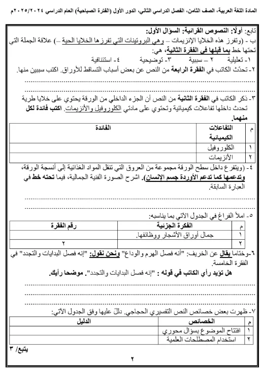 نموذج امتحان عربي للصف الثامن الفصل الثاني - المنهج العماني