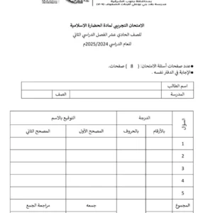 اختبار تجريبي مادة الحضارة الإسلامية للصف الحادي عشر الفصل الثاني أ. مليحة العريمية