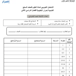 اختبار تجريبي مادة العلوم للصف السابع الفصل الثاني 2025 2026