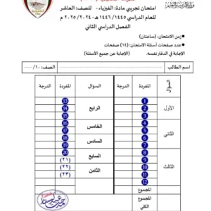 اختبار تجريبي مع الإجابة مادة الفيزياء للصف العاشر الفصل الثاني أ. مدحت عبد الستار