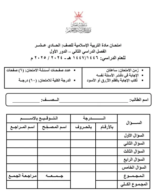 تجميع اختبارات نهائية مادة التربية الإسلامية للصف الحادي عشر الفصل الثاني