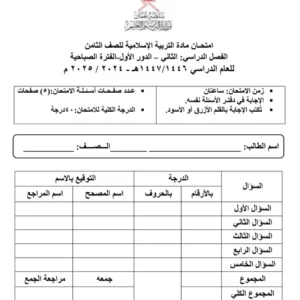 تجميع امتحانات نهائية التربية الإسلامية (ديني قيمي) للصف الثامن الفصل لثاني