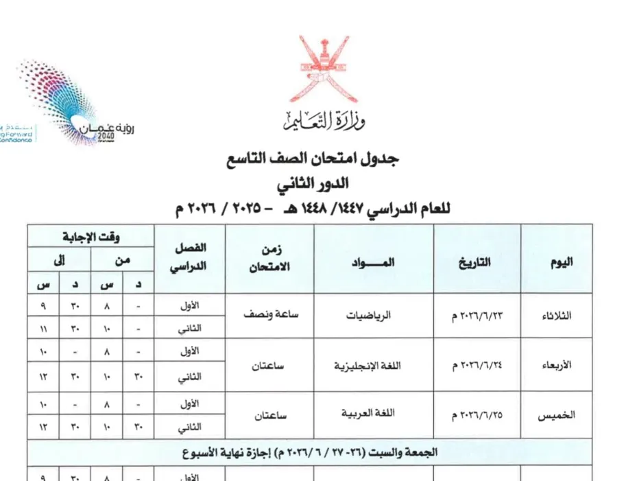 جدول امتحانات الصف التاسع (الدور الثاني 2026)
