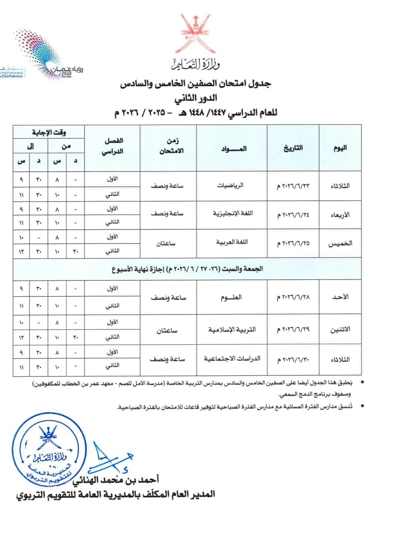 جدول امتحانات الصف الخامس (الدور الثاني 2026)