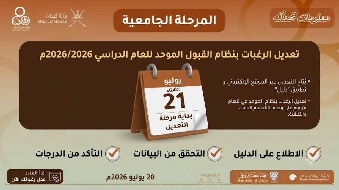 تعديل الرغبات بنظام القبول الموحد للعام الدراسي 20262027م