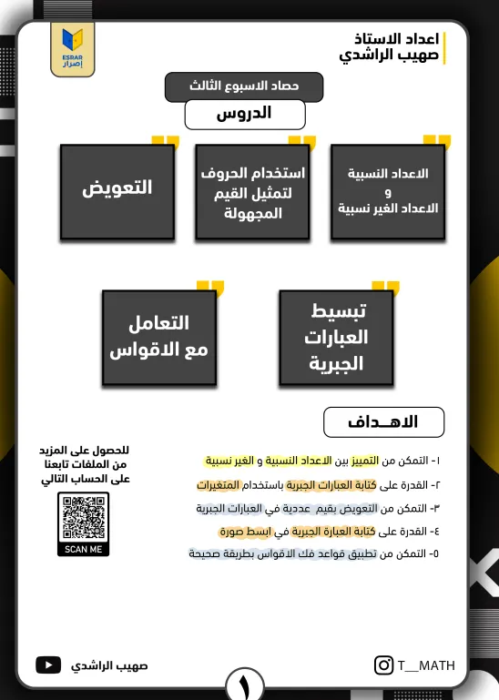حصاد الأسبوع الثالث لمادة الرياضيات للصف التاسع الفصل الأول