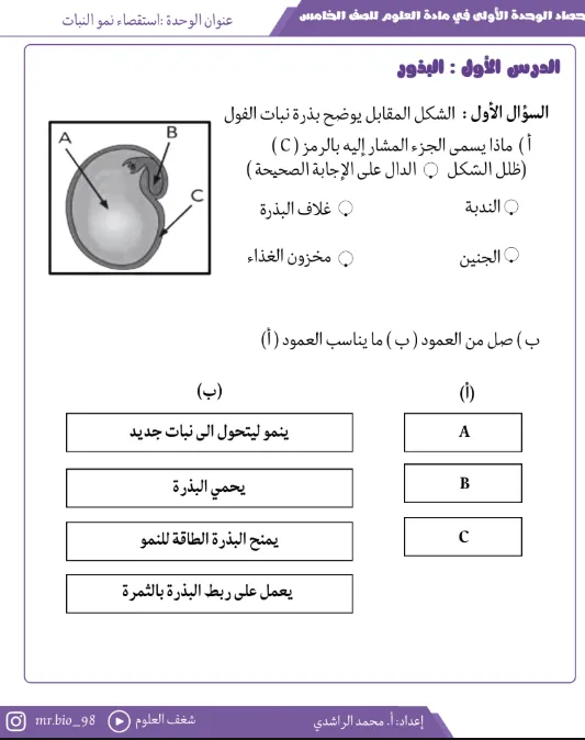 حصاد الوحدة الأولى (استقصاء نمو النبات) العلوم للصف الخامس الفصل الأول