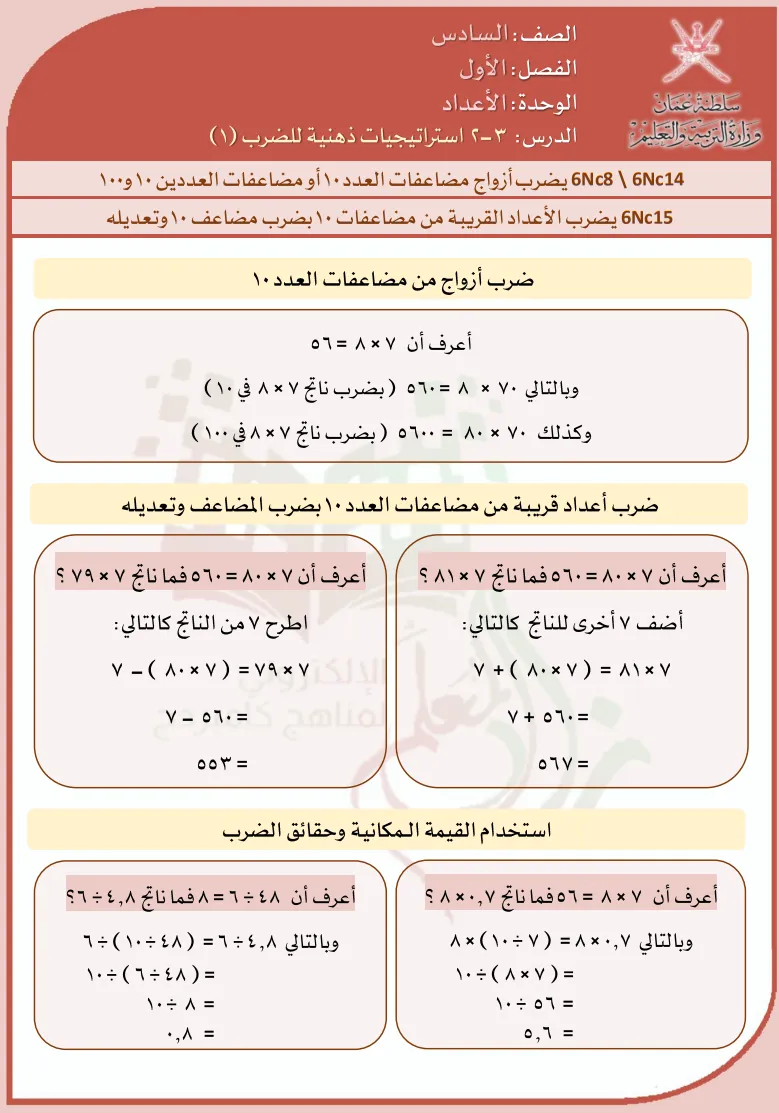 استراتيجيات ذهنية للضرب مادة الرياضيات للصف السادس الفصل الأول
