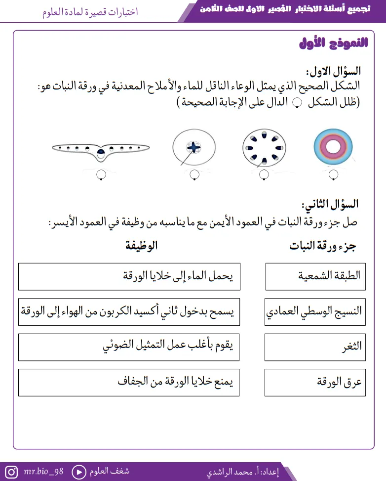 تجميع أسئلة الاختبار القصير الأول لمادة العلوم للصف الثامن الفصل الأول