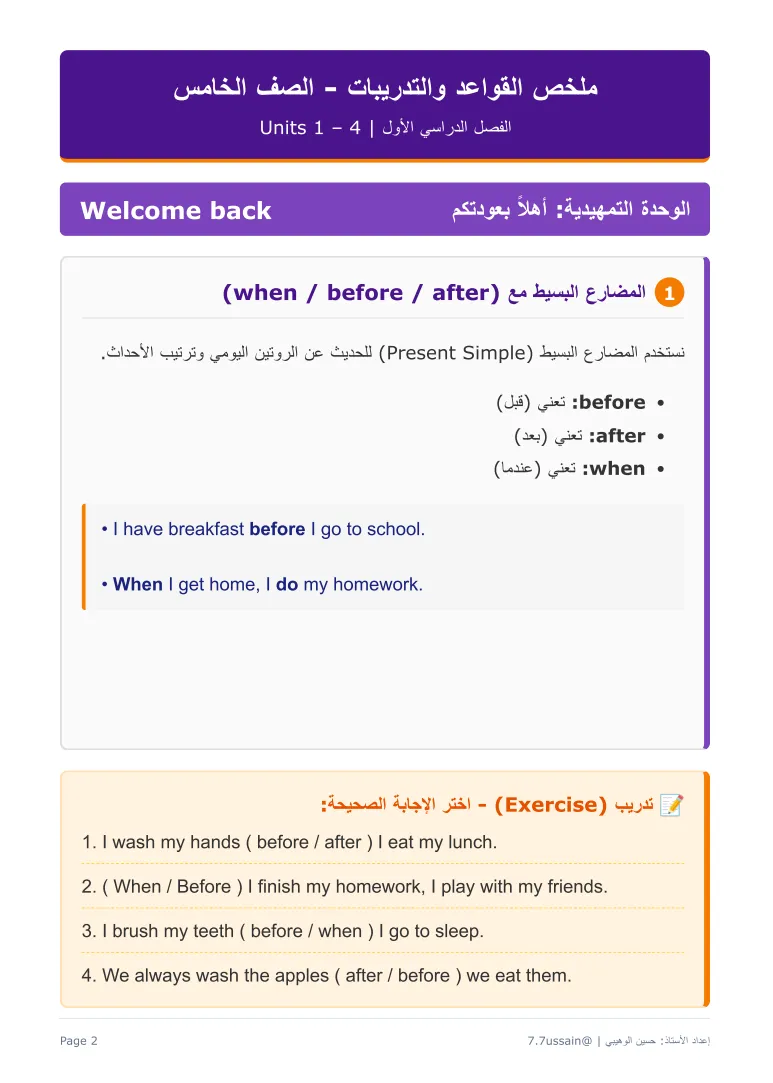 ملخص قواعد وتدريبات الإنجليزية الصف الخامس الفصل الأول