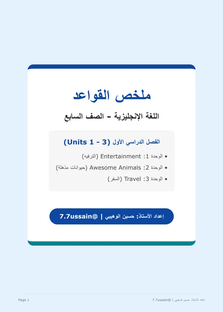 ملخص قواعد وتدريبات لغة إنجليزية صف 7 فصل أول PDF